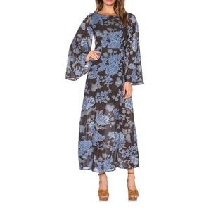 Free People Black and Blue Floral Long Sleeve Dress, Size 0